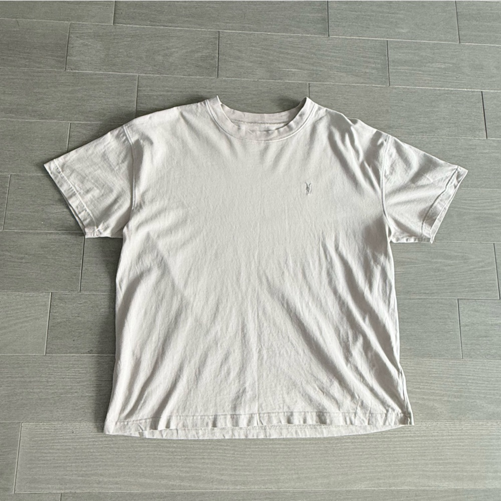 All Saints Kole SS Crew Oversized Ramskull Logo Tee Men's L 100% Cotton Beige - Picture 3 of 12